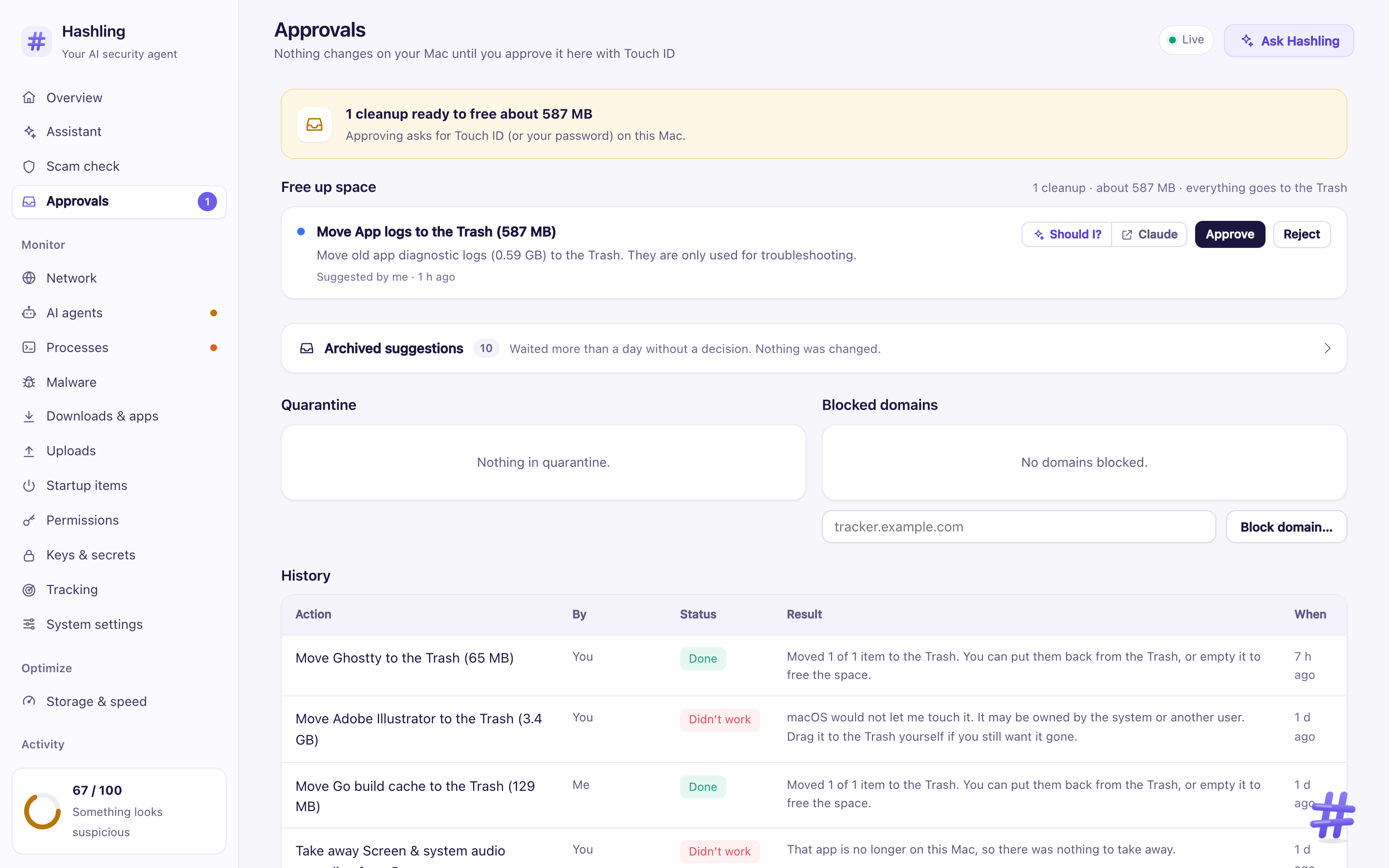 Hashling's approvals page listing suggested fixes, each waiting for Approve or Reject