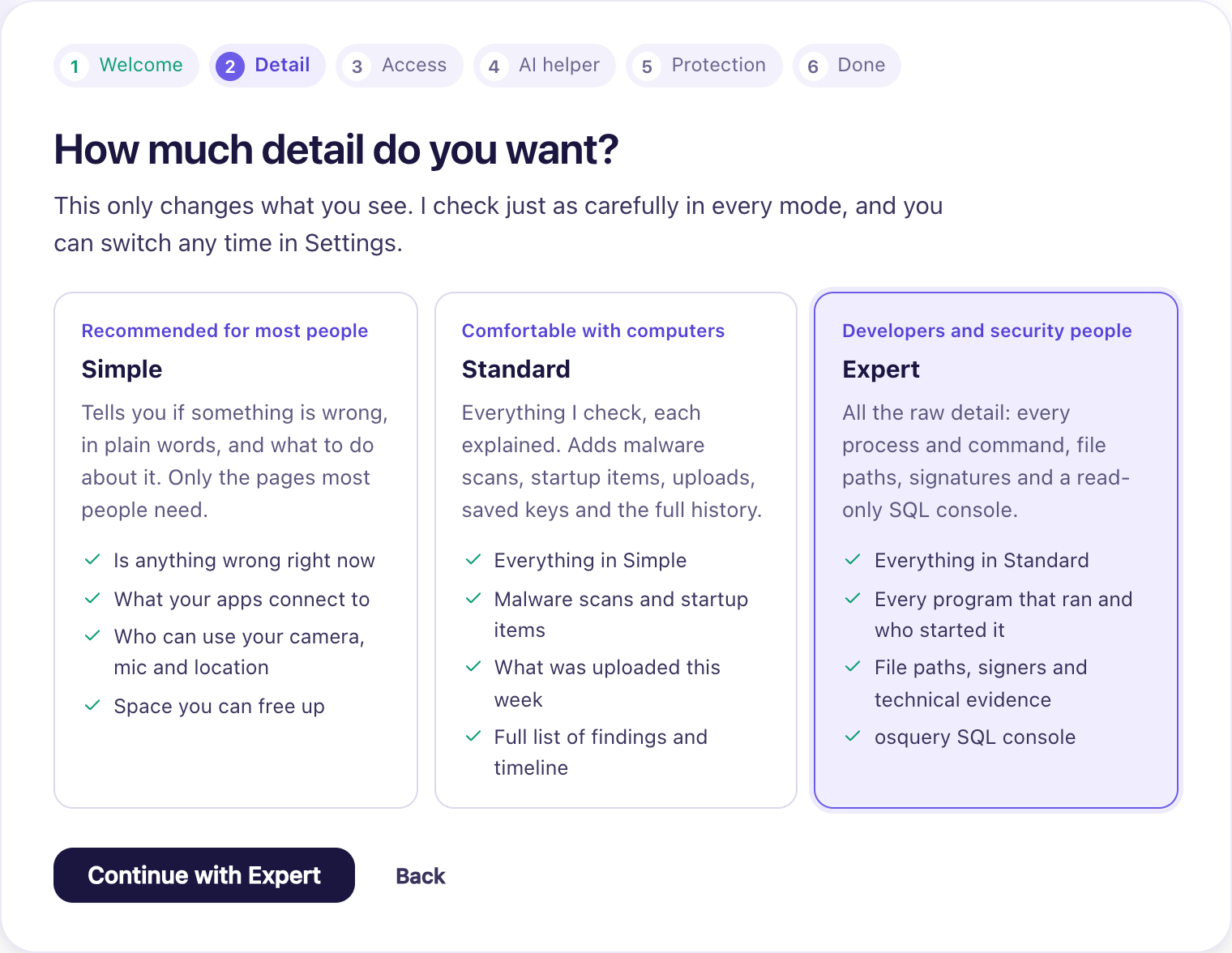 Hashling's setup screen asking how much detail you want, with Simple, Standard and Expert options